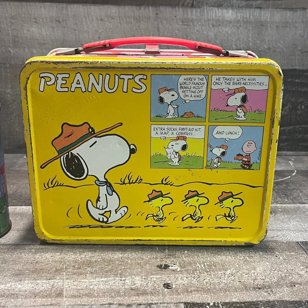 Vintage Peanuts Thermos Metal Lunch Box & Thermos Set Charlie Brown Snoopy 1970s